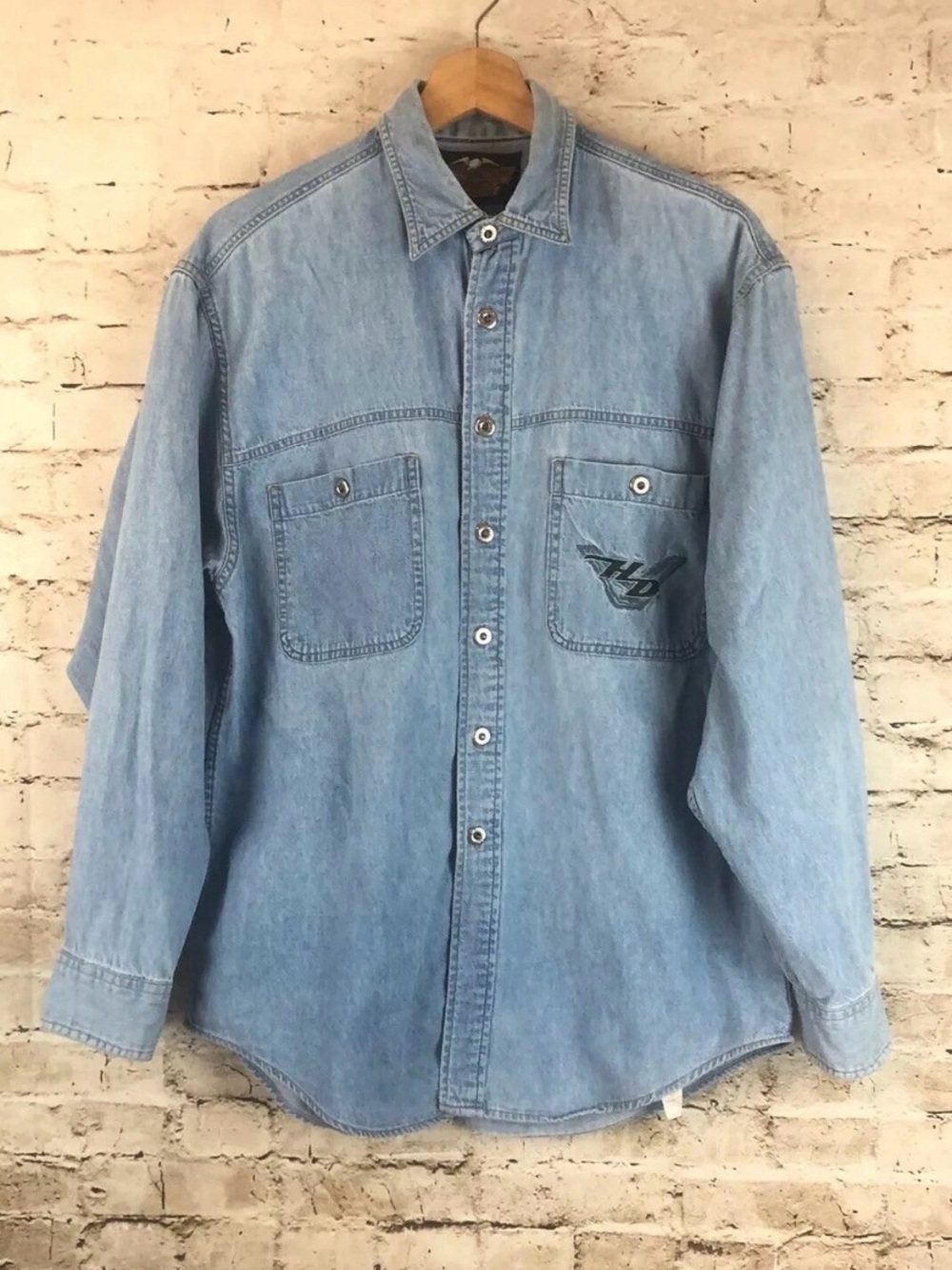 Harley Davidson Motorcycles Men's M Blue Embroidered Button Down Shirt Cotton HD